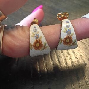 Vintage Floral Painted Enamel Earrings with Gold Accents